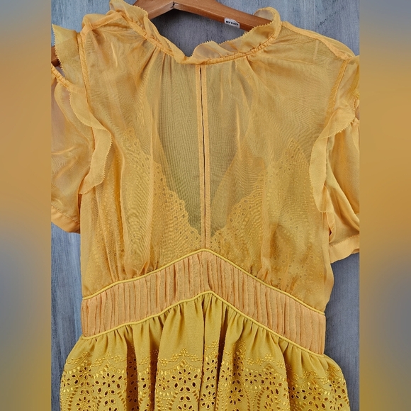 Self-Portrait NWOT Embroidered Chiffon Tiered Mini Dress In Gold Yellow Size 4 - Picture 15 of 16
